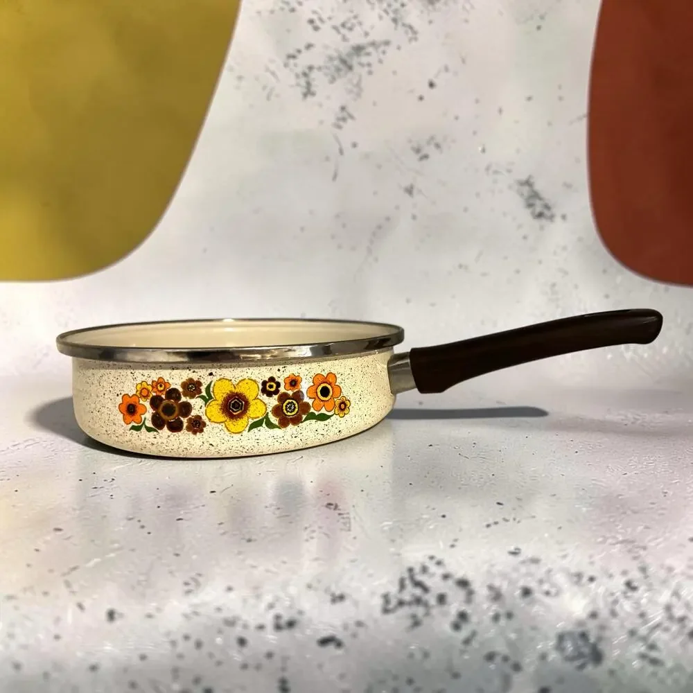 Vintage 1970s Speckled Enamelware Skillet Pan Orange Yellow Brown Floral